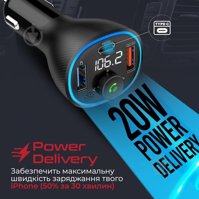 FM-трансмітер Promate Bluetooth PowerTune-38W USB-A OTG/USB-A QC3.0/USB-C PD - фото 5