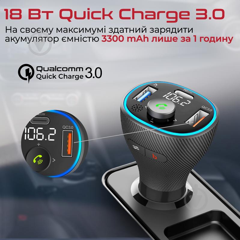 FM-трансмітер Promate Bluetooth PowerTune-38W USB-A OTG/USB-A QC3.0/USB-C PD - фото 6