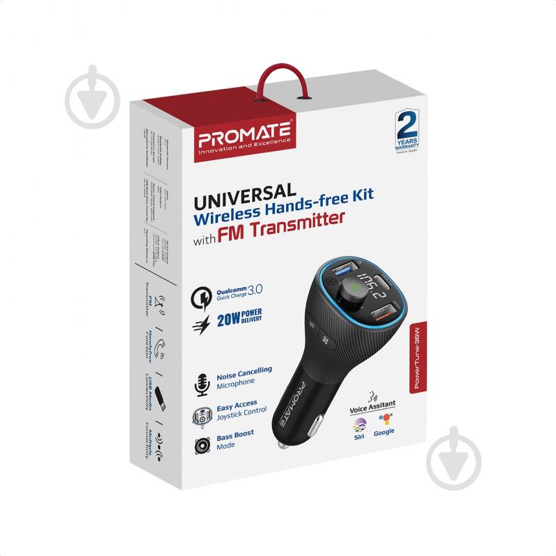 FM-трансмітер Promate Bluetooth PowerTune-38W USB-A OTG/USB-A QC3.0/USB-C PD - фото 7