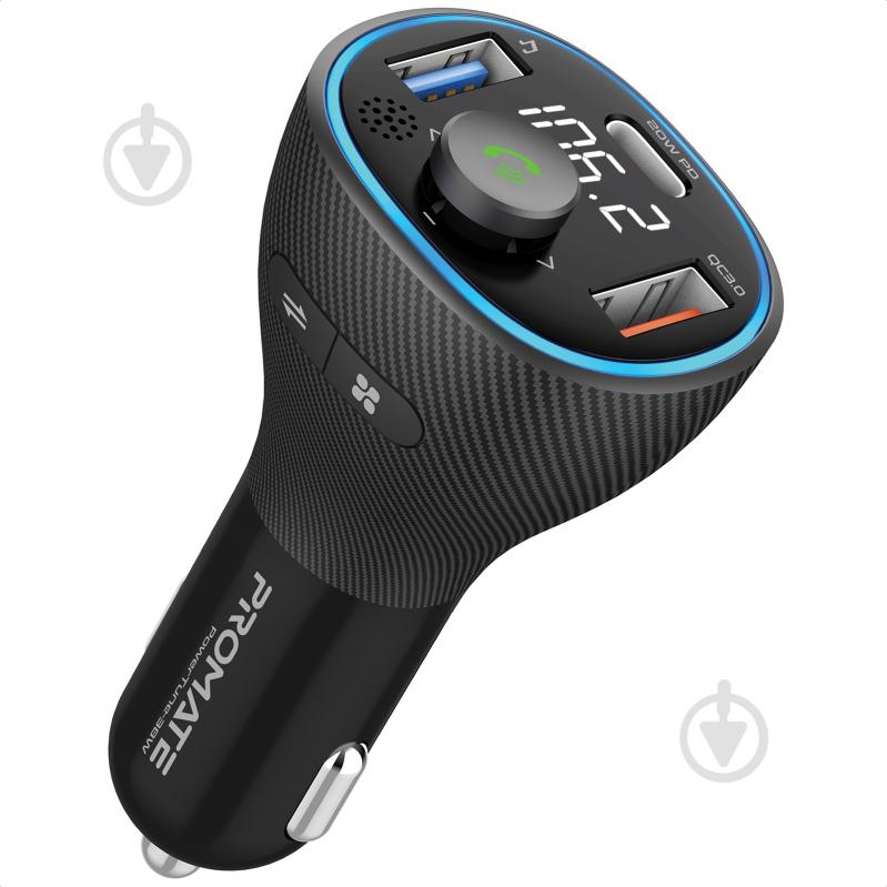 FM-трансмітер Promate Bluetooth PowerTune-38W USB-A OTG/USB-A QC3.0/USB-C PD - фото 1