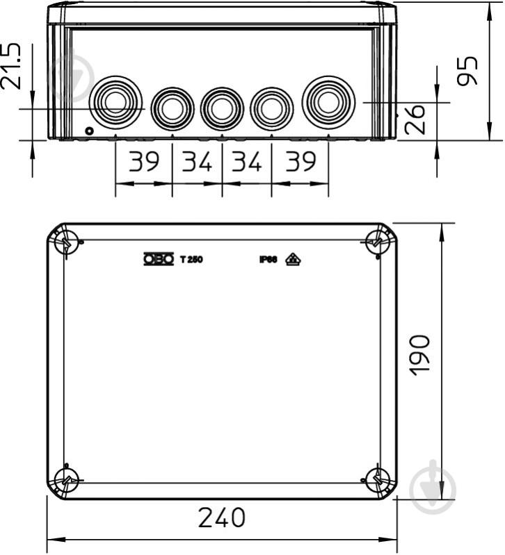 Коробка розподільча з кришкою OBO Bettermann Т250 з кабельними вводами 240х190х95 2007109 - фото 2