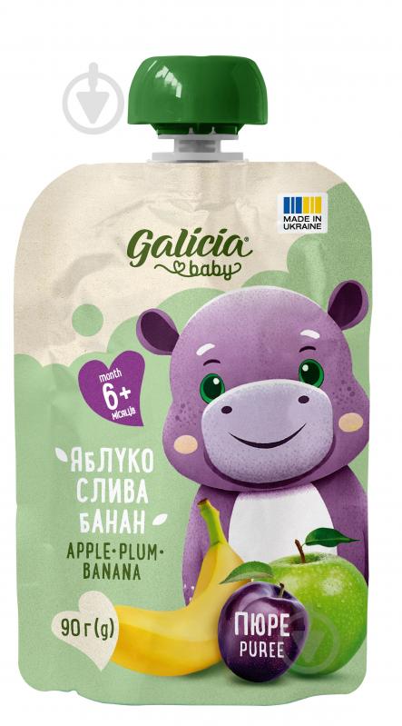 Пюре фруктове Galicia Baby яблучно-сливово-бананове натуральне гомогенізоване стерилізоване 90 г - фото 1 Пюре фруктове Galicia Baby яблучно-сливово-бананове натуральне гомогенізоване стерилізоване 90 г - фото 1