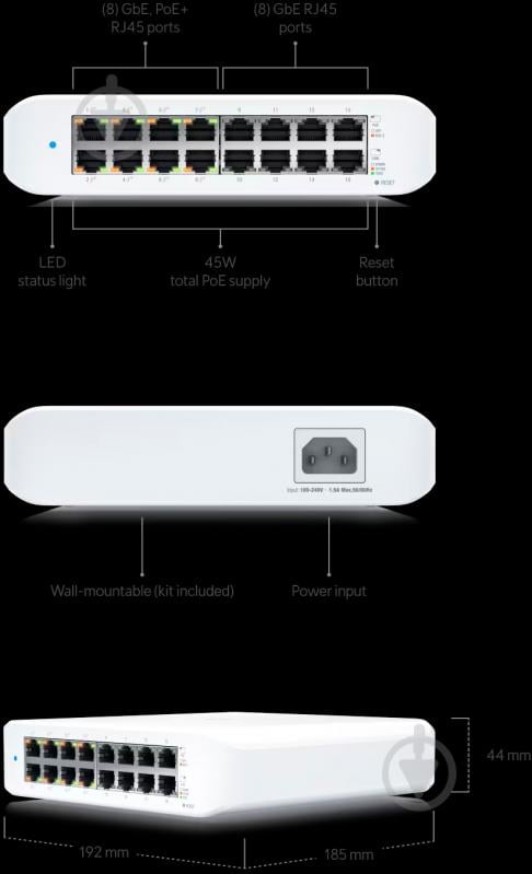 Комутатор Ubiquiti Lite 16 PoE (USW-LITE-16-POE) - фото 6