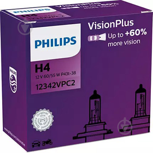 Автолампа галогенна Philips VisionPlus H4 60/55 Вт 2 шт.(12342VPC2) - фото 3