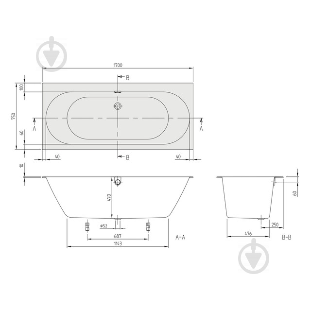 Ванна квариловая Villeroy & Boch Oberon UBQ170OBR2DV-01 170х75 см с ножками и сифоном - фото 2