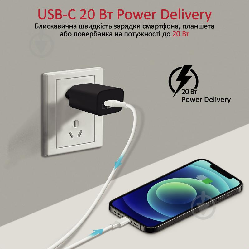 Зарядний пристрій Promate PowerPort-20PD 20Вт USB Type-C PD Black - фото 2