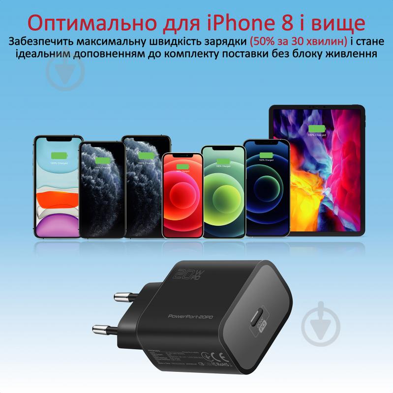 Зарядний пристрій Promate PowerPort-20PD 20Вт USB Type-C PD Black - фото 3