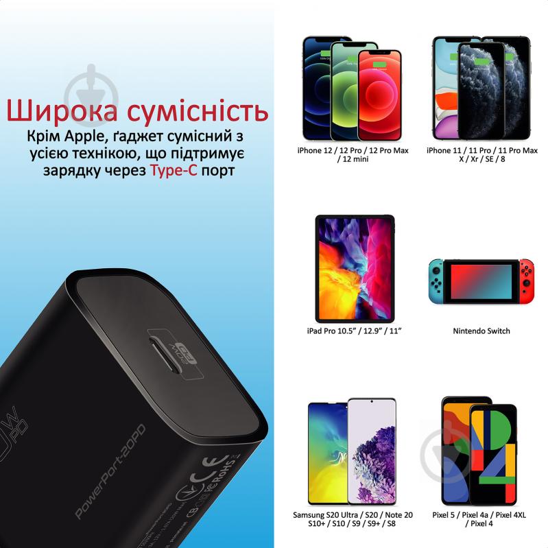 Зарядний пристрій Promate PowerPort-20PD 20Вт USB Type-C PD Black - фото 7