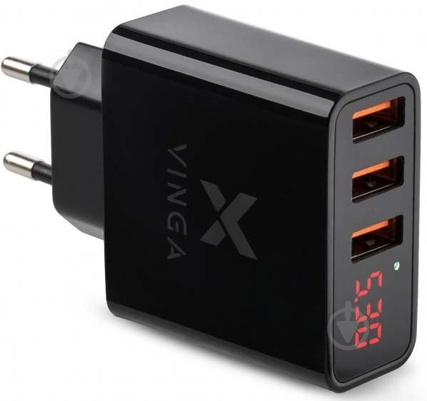 Зарядний пристрій Vinga 3 Port Display Wall Charger 17W Max (VWCAAADBK) - фото 1