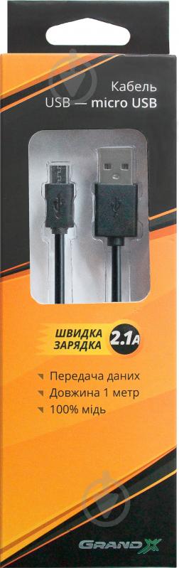 Дата-кабель Grand-X USB – microUSB 1 м Black (PM01B) Micro 5P (для передачи данных и зарядки устройства) 2.1A - фото 1