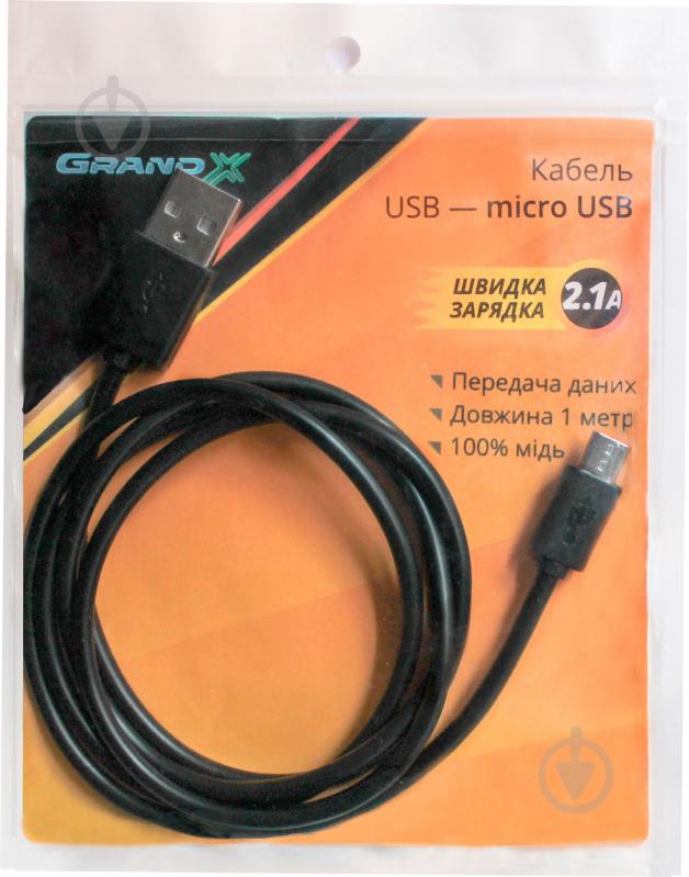 Дата-кабель Grand-X USB – microUSB 1 м Black (PM01S) Micro 5P (для передачи данных и зарядки устройства) 2.1A - фото 1