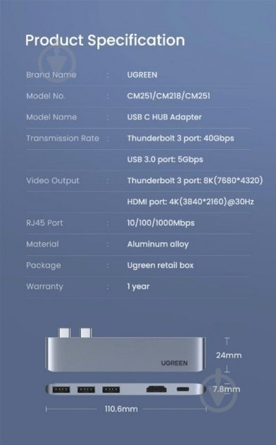 USB-хаб UGREEN CM251 2xUSB-C to 3xUSB3.0-A+SD+TF+PD Multifunction Adapter Aluminum Shell Gray (60560) - фото 8