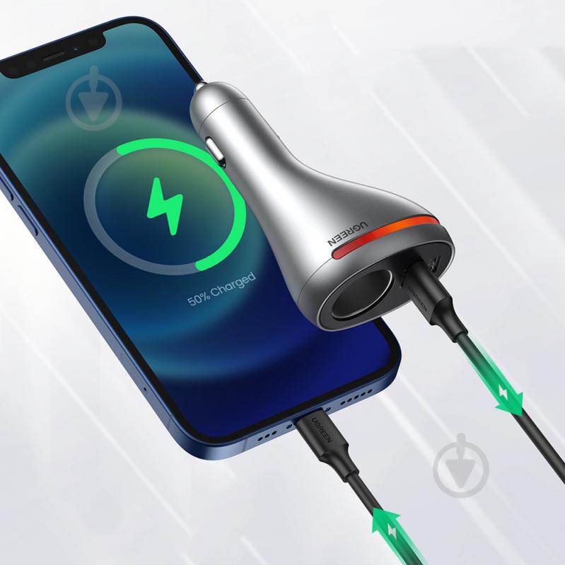 Автомобільний зарядний пристрій UGREEN CD204 Car Charger 2 x USB Ports Single Extension Socket QC + PD 20 Вт Серебрян - фото 4