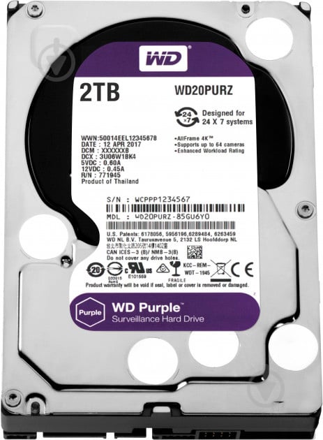 Жорсткий диск Western Digital Purple Surveillance 2 ТБ 3,5" SATA III (WD20PURZ) - фото 1