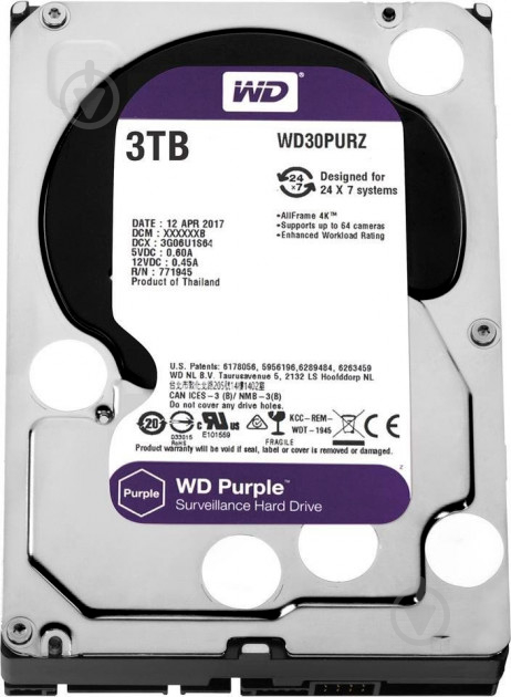 Жорсткий диск Western Digital Purple Surveillance 3 ТБ 3,5" SATA III (WD30PURZ) - фото 1