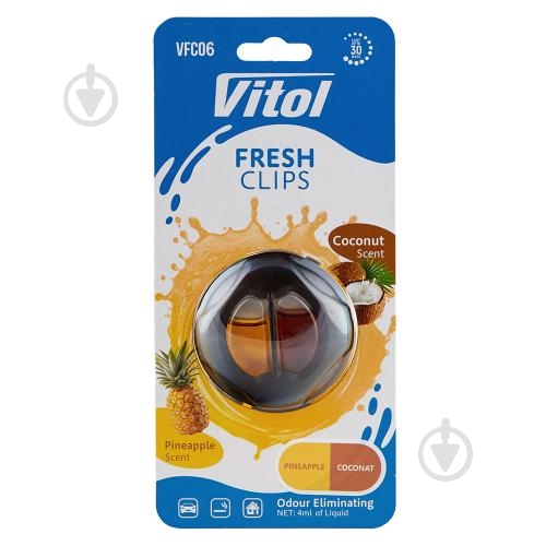 Ароматизатор на дефлектор Vitol Fresh Clips Pineapple+Coconat 3 мл - фото 1 Ароматизатор на дефлектор Vitol Fresh Clips Pineapple+Coconat 3 мл - фото 1