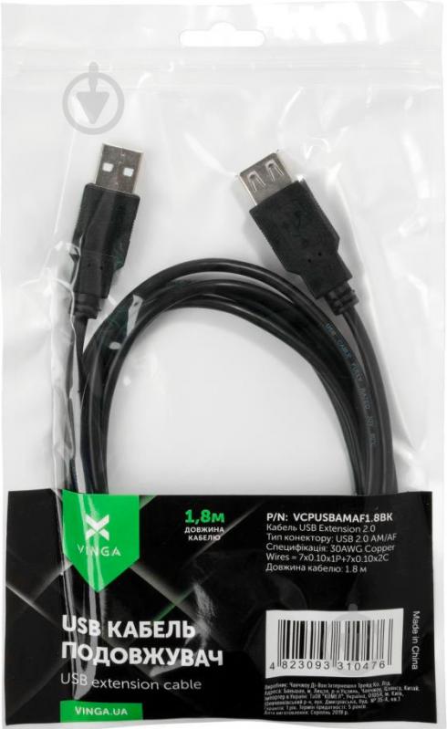 Дата-кабель Vinga USB 2.0 AM – AF 1 м чорний (VCPUSBAMAF1.8BK) - фото 4