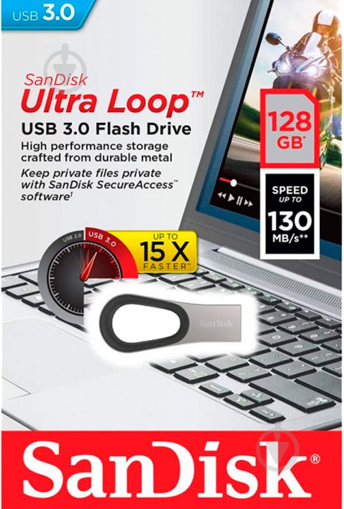 Накопичувач SanDisk Ultra Loop 128 ГБ USB 3.0 silver (SDCZ93-128G-G46) - фото 4