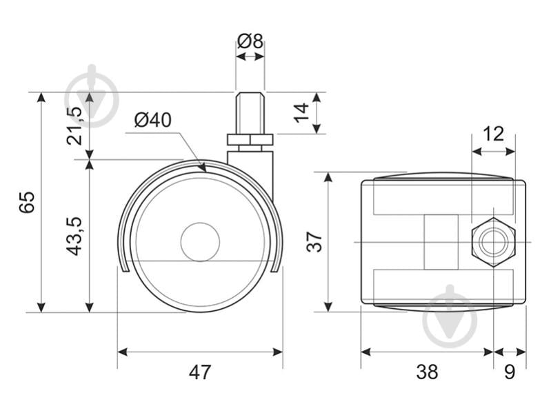 Ролик мебельный d40 мм с резьбовым штифтом М8 для офисного кресла (нейлоновый) - фото 3