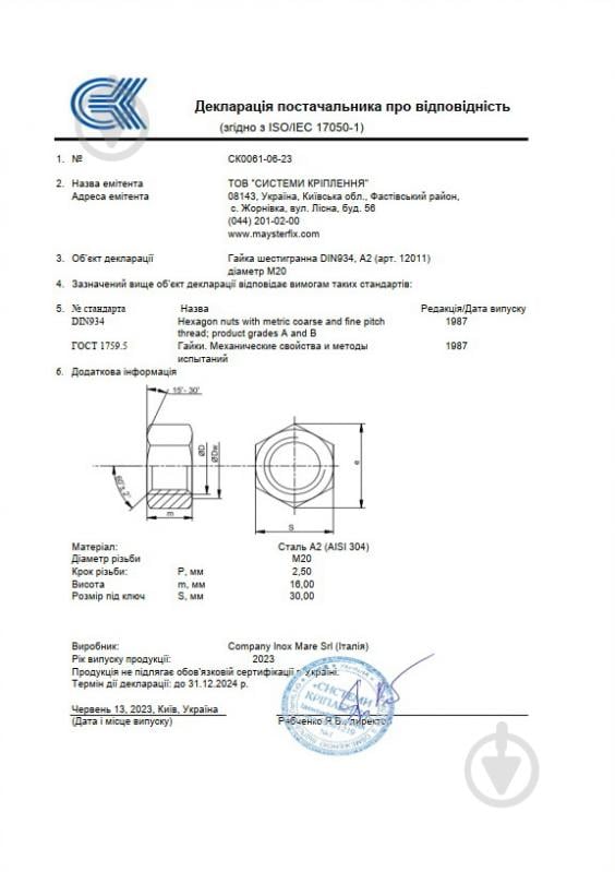 Гайка шестигранная нержавеющая сталь М 20 25 шт. DIN 934 Mayster FIX - фото 4