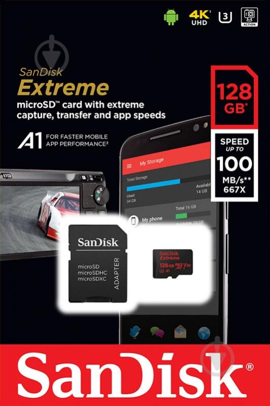 Карта памяти SanDisk microSD/microSDHC/microSDXC 128 ГБ UHS-I Class 3 (U3) R100/W90MB/s 4K Extreme + SD (SDSQXAF-128G-GN6MA) - фото 4 Карта памяти SanDisk microSD/microSDHC/microSDXC 128 ГБ UHS-I Class 3 (U3) R100/W90MB/s 4K Extreme + SD (SDSQXAF-128G-GN6MA) - фото 4