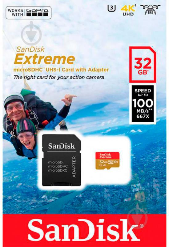 Карта пам'яті SanDisk miсroSDHC 32 ГБ UHS-I Class 3 (U3) Extreme Action + SD Adapter (SDSQXAF-032G-GN6AA) - фото 3