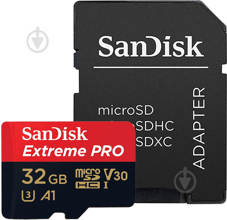 Карта памяти SanDisk microSD/microSDHC/microSDXC 32 ГБ UHS-I Class 3 (U3) V30 A1 R100/W90MB/s 4K Extreme Pro + SD (SDSQXCG-032G-GN6MA) - фото 1