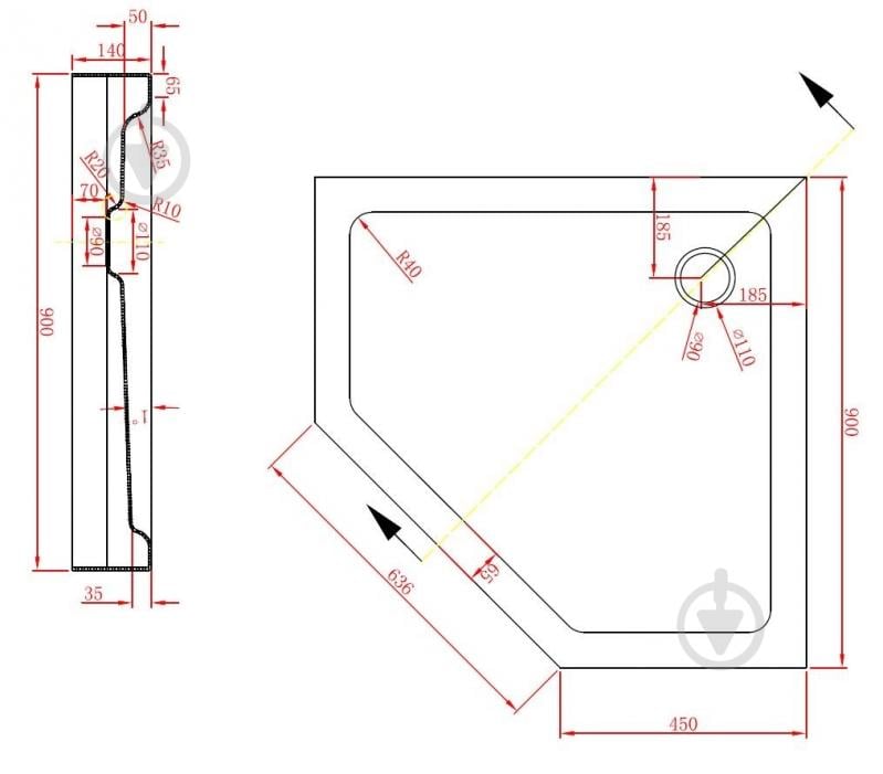 Піддон душовий EGO п'ятикутний LEX 90x90x14 см P39 - фото 7