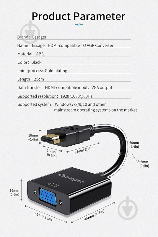 Конвертер Essager Phantom HD Convertor HDMI to VGA Black 0,06 м чорний (EZJHV-HY01) - фото 8