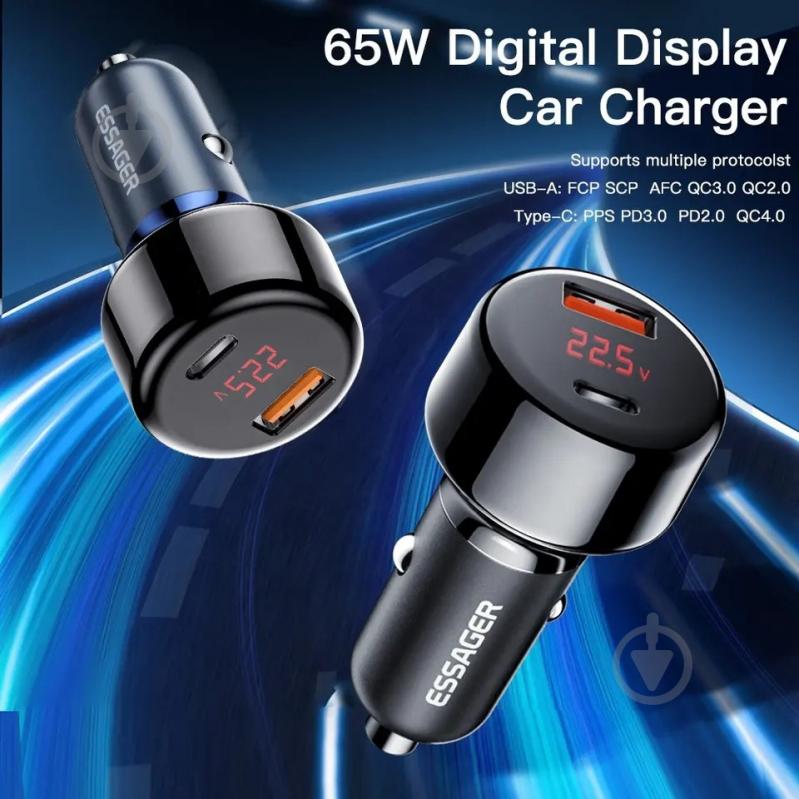 Автомобильное зарядное устройство Essager Torch Digital Display Car Charger 65W Blue (ECCPD-HJ03) - фото 4