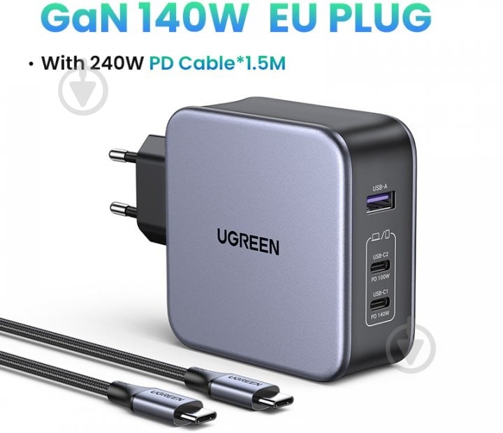 Мережевий зарядний пристрій UGREEN CD289 GaN Fast Charger 140W with Cable (90549) - фото 3