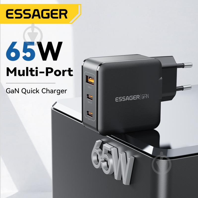 Зарядний пристрій Essager Matrix GaN 65W Travel Phone Charger USB A + 2 Type C EU Black (ECT2CA-JZB01-Z) - фото 2