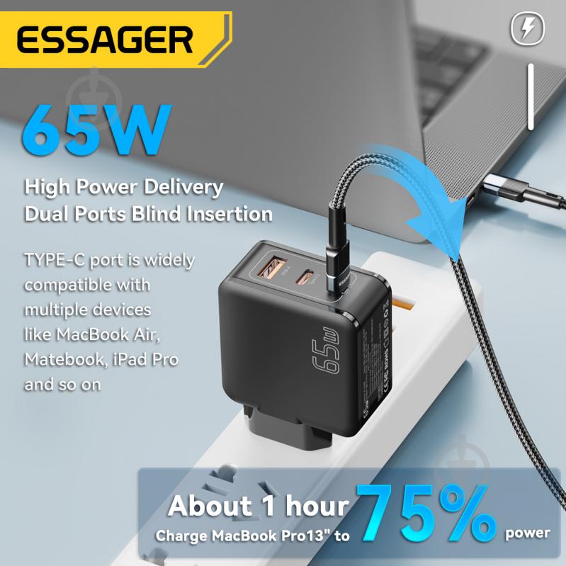 Зарядний пристрій Essager Matrix GaN 65W Travel Phone Charger USB A + 2 Type C EU Black (ECT2CA-JZB01-Z) - фото 4