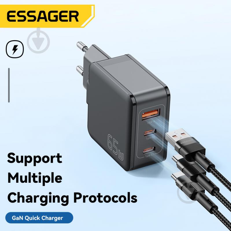 Зарядний пристрій Essager Matrix GaN 65W Travel Phone Charger USB A + 2 Type C EU Black (ECT2CA-JZB01-Z) - фото 5