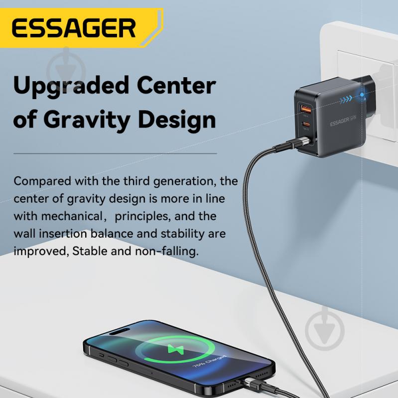 Зарядний пристрій Essager Matrix GaN 65W Travel Phone Charger USB A + 2 Type C EU Black (ECT2CA-JZB01-Z) - фото 6