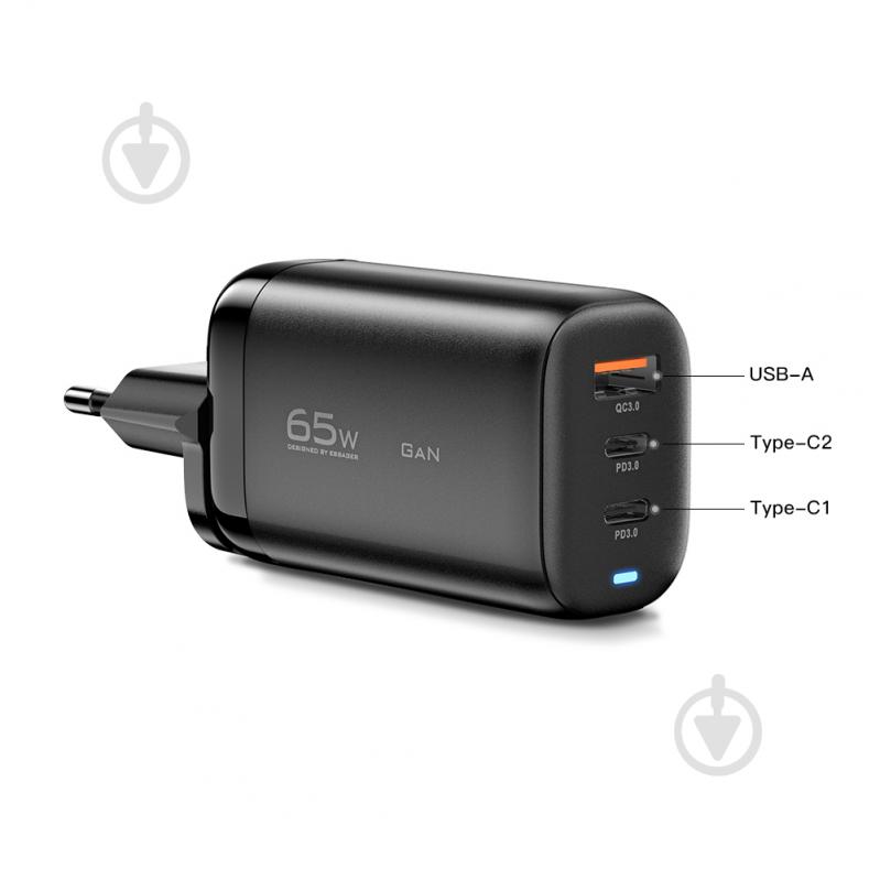 Зарядний пристрій Essager Shining 65W GaN Travelling Charger 2 Type-c+USB-A EU Black (ECT2CA-MYB01) - фото 2