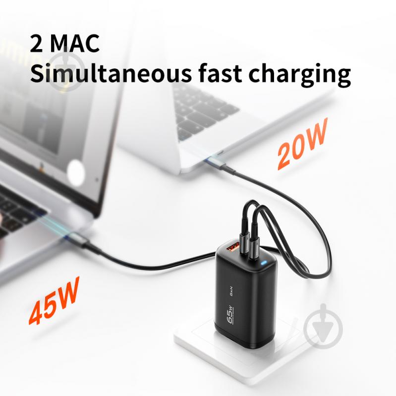 Зарядний пристрій Essager Shining 65W GaN Travelling Charger 2 Type-c+USB-A EU Black (ECT2CA-MYB01) - фото 4