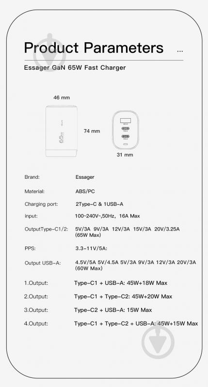 Зарядний пристрій Essager Shining 65W GaN Travelling Charger 2 Type-c+USB-A EU White (ECT2CA-MYB02) - фото 5