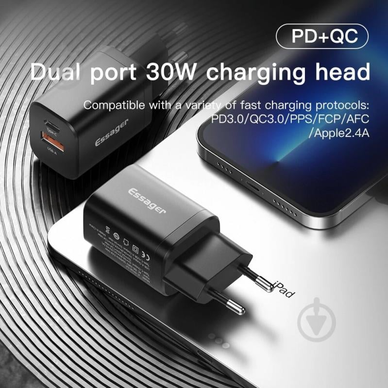 Зарядний пристрій Essager Journey Fast Charger PD+QC 30W Chager USB A+ Type-C EU White (ECTPQS-ZTB02) - фото 5