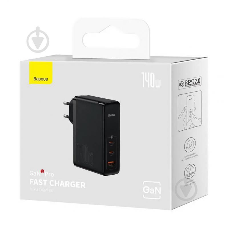 Зарядное устройство BASEUS GaN5 Pro 140W (2 x Type-C + USB) + Кабель Type-C + Type-C) Black - фото 7 Зарядное устройство BASEUS GaN5 Pro 140W (2 x Type-C + USB) + Кабель Type-C + Type-C) Black - фото 7
