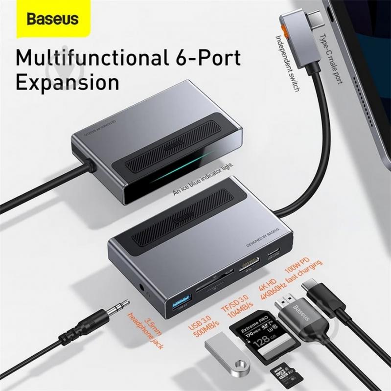 USB-хаб BASEUS Magic Multifunctional Type-C HUB with a Retractable Clip Standard Edition Space Gray (CAHUB-DA0G) - фото 7