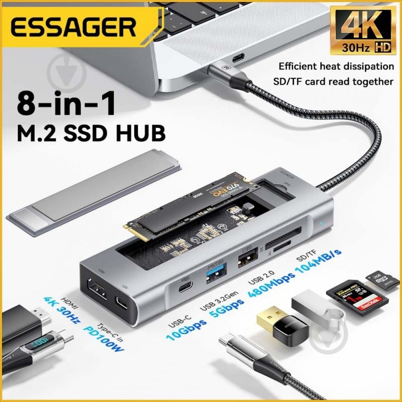 USB-хаб Essager 8 in 1 USB C HUB with 10Gbps External Hard Drive Function NVMЕ/SATA SSD Grey (EHB08-QK0G-Z) - фото 2