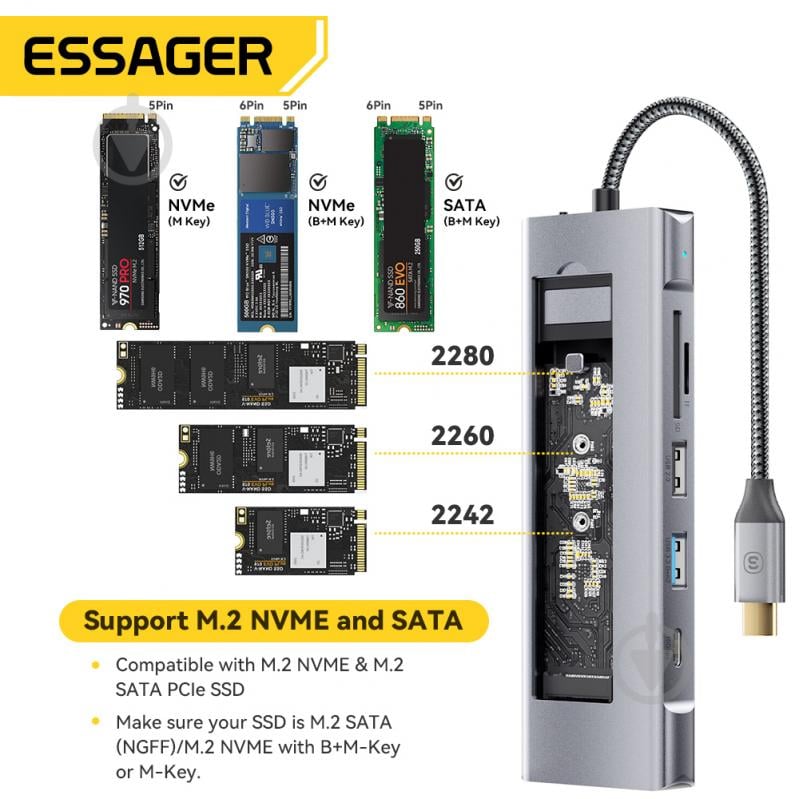 USB-хаб Essager 8 in 1 USB C HUB with 10Gbps External Hard Drive Function NVMЕ/SATA SSD Grey (EHB08-QK0G-Z) - фото 10