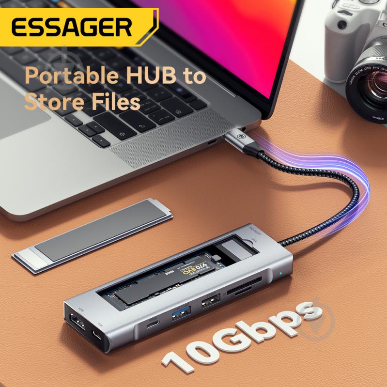 USB-хаб Essager 8 in 1 USB C HUB with 10Gbps External Hard Drive Function NVMЕ/SATA SSD Grey (EHB08-QK0G-Z) - фото 9