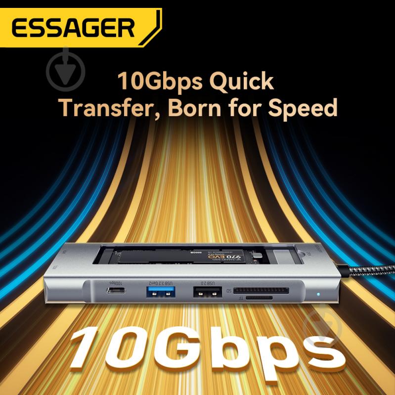 USB-хаб Essager 8 in 1 USB C HUB with 10Gbps External Hard Drive Function NVMЕ/SATA SSD Grey (EHB08-QK0G-Z) - фото 4