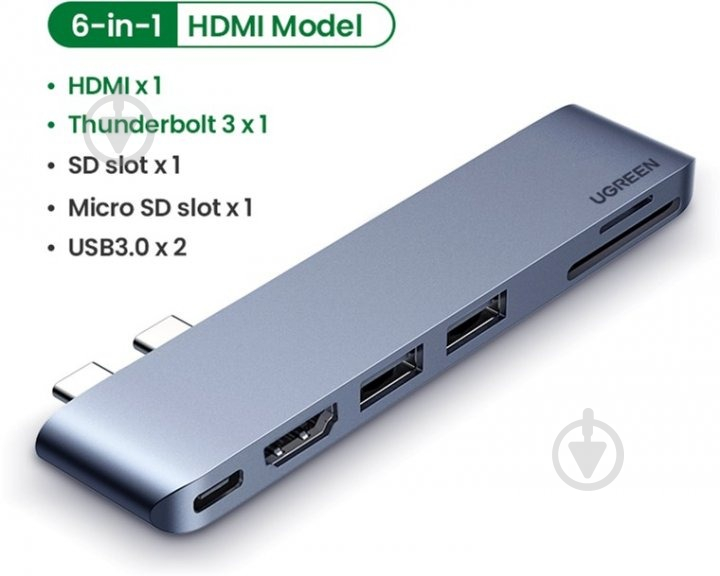 USB-хаб UGREEN CM380 Dual USB-C To HDMI+2xUSB 3.0 A+TF/SD+USB-C Female Converter Space Gray (80856) - фото 2