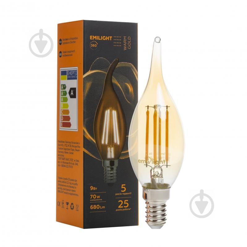 Лампа світлодіодна Emilight Gold CA35 9 Вт E14 3000 К 220 В прозора Filament C35-9W-3000K-E14-ТG п - фото 1