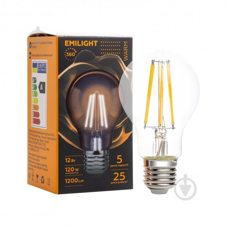 Лампа светодиодная Emilight FIL CL A60 12 Вт E27 3000 К 220 В прозрачная - фото 1