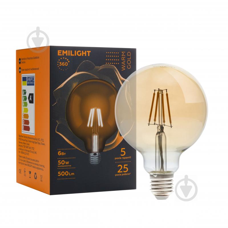 Лампа светодиодная Emilight Gold G95 6 Вт E27 3000 К 220 В прозрачная Filament G95-6W-3000K-E27-G зо - фото 1