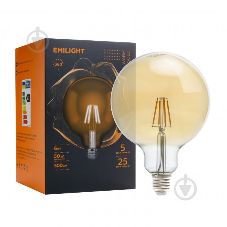 Лампа світлодіодна Emilight Gold G125 6 Вт E27 3000 К 220 В прозора Filament G125-6W-3000K-E27-G з - фото 1